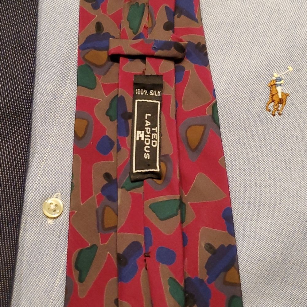 VTG Ted Lapidus Silk Necktie Red Abstract Geometric Retro Mens Designer Tie